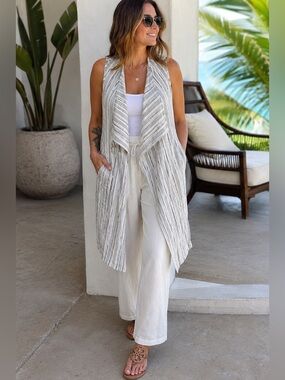 Light Linen Blend Long Vest Open Front Duster Pockets Striped M